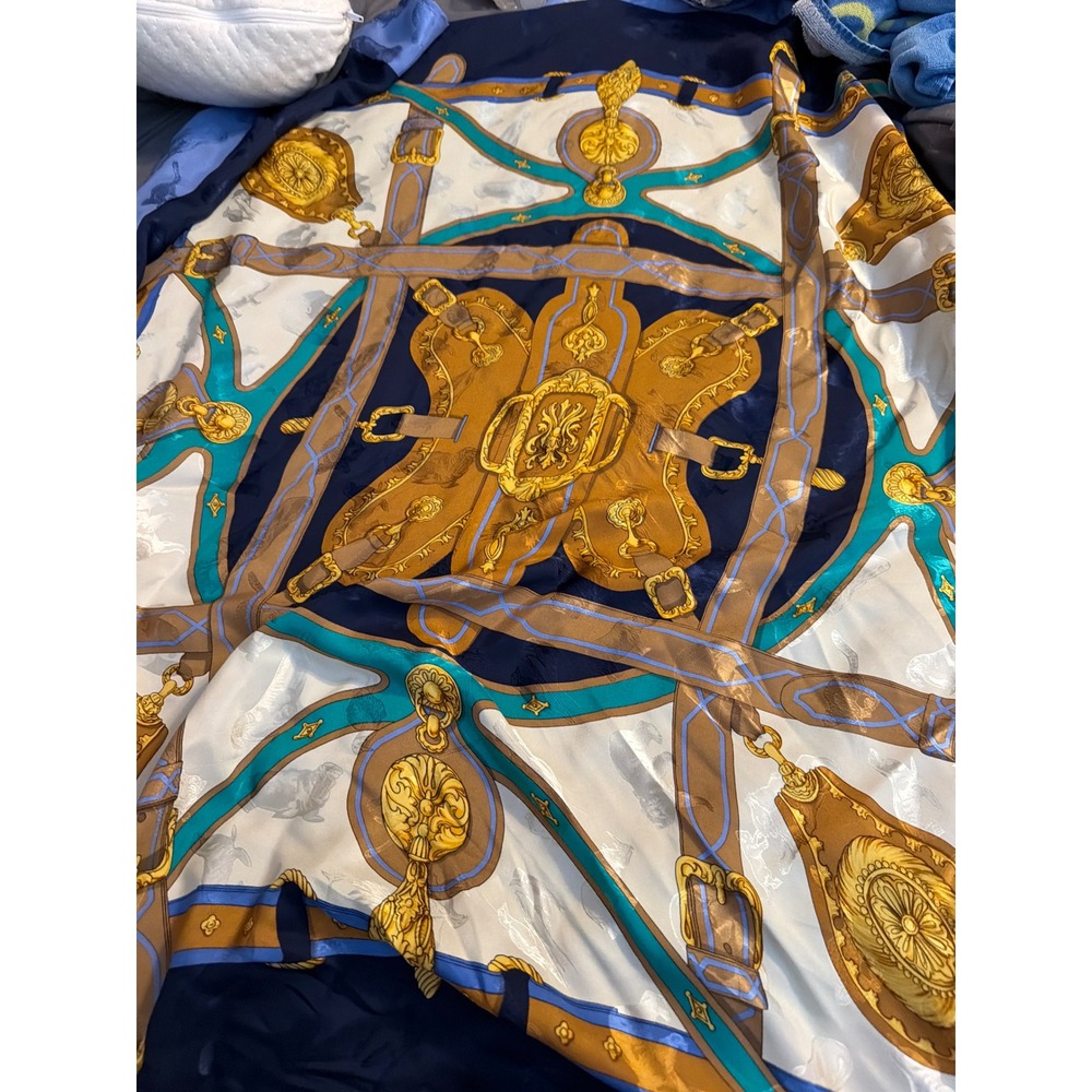Vintage Equestrian Silk Scarf Navy Gold Teal Buckle Belt Animal Damask Print